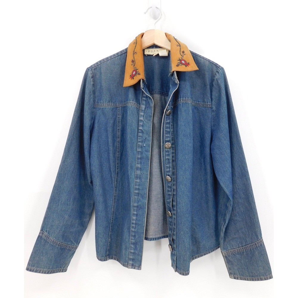 Yoakum‎ By Double D Ranch Denim Jacket Embellished Suede Collar Western Size M
